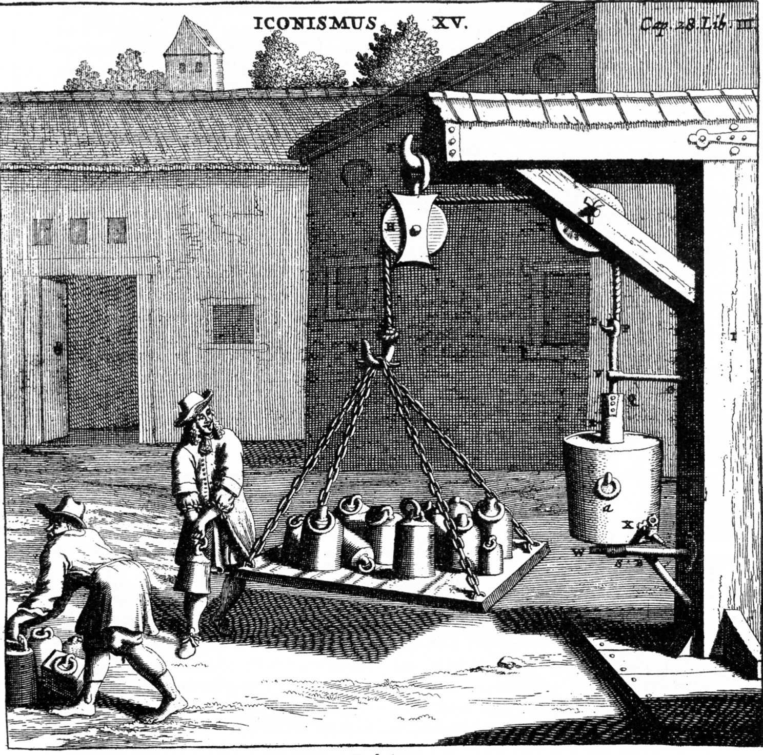 Historische Skizze einer Hebemaschine mit Rolle, Seil und Last