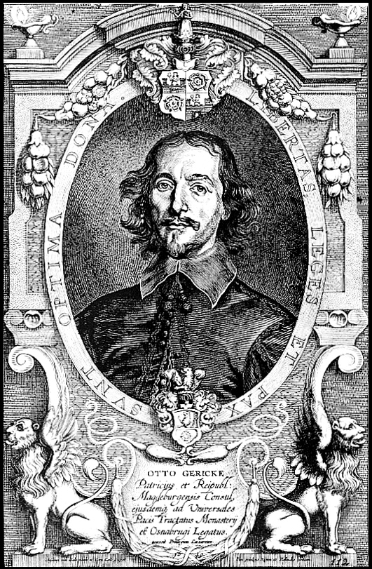 Historischer Kupferstich Otto von Guerickes mit Wappen