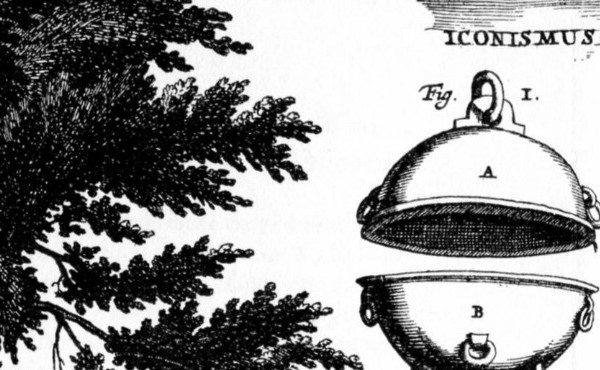 Historischer Kupferstich der getrennten Magdeburger Halbkugeln und Ventilteile