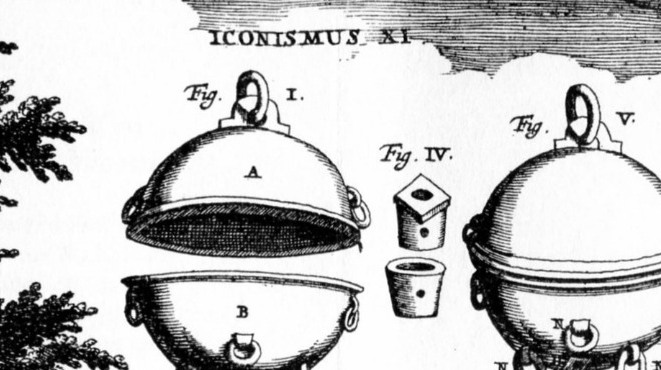 Historischer Kupferstich der geschlossenen Magdeburger Halbkugeln