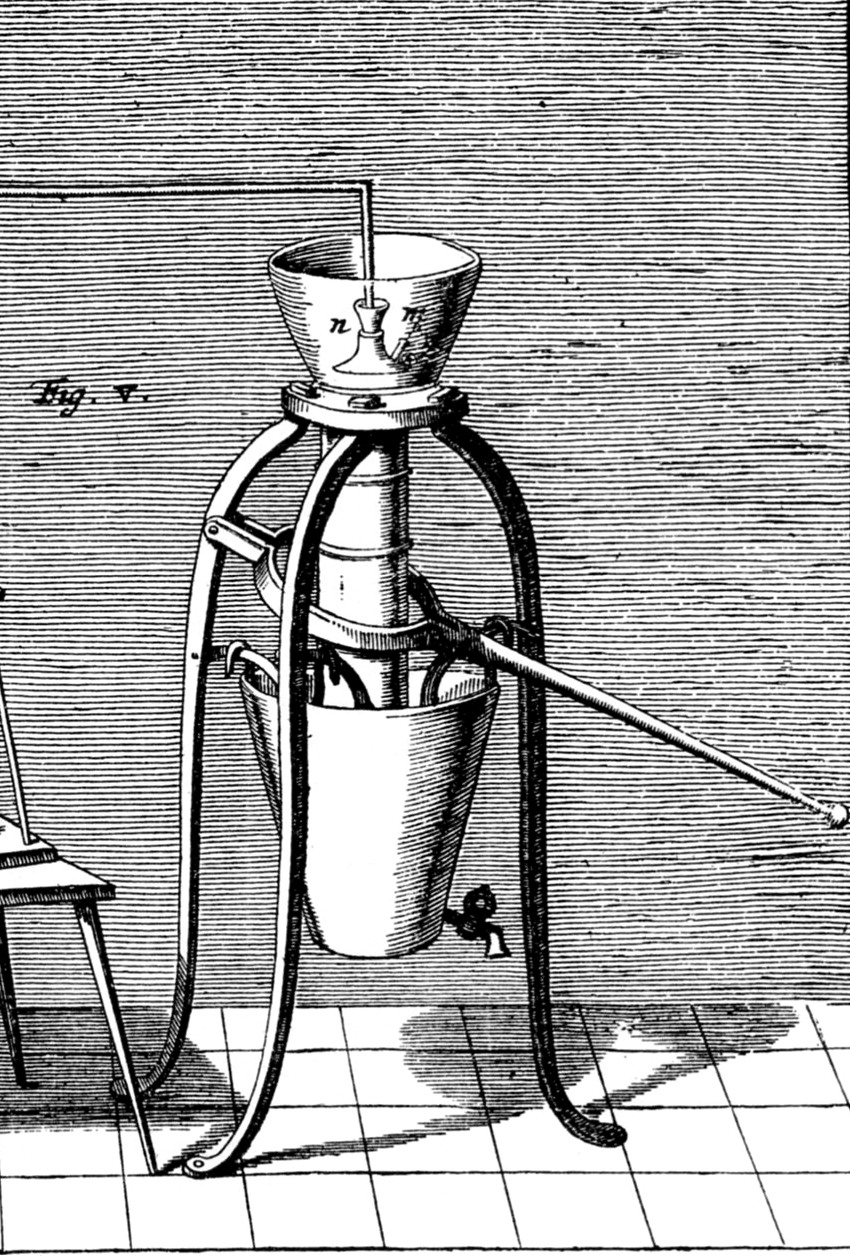 Historischer Kupferstich von Guerickes Vakuumluftpumpe der dritten Bauart