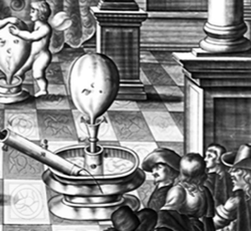 Detail der umgebauten Feuerspritze im historischen Stich