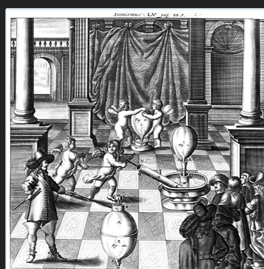 Historische Darstellung von Guerickes früher Vakuumpumpe nach Caspar Schott